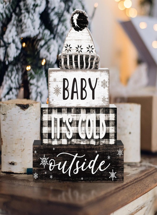 مجموعة مارسوي المكونة من 4 قطع لتزيين طاولة الشتاء، تتضمن قبعة خشبية، لوحة خشبية، صينية متعددة الطبقات بتصميم ريفي، ديكور "الجو بارد بالخارج"، قطعة مركزية أنيقة للطاولة، ديكور شتوي دافئ ومحايد للمنزل والمكتب والرف. - Image 5