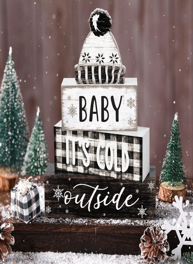 مجموعة مارسوي المكونة من 4 قطع لتزيين طاولة الشتاء، تتضمن قبعة خشبية، لوحة خشبية، صينية متعددة الطبقات بتصميم ريفي، ديكور "الجو بارد بالخارج"، قطعة مركزية أنيقة للطاولة، ديكور شتوي دافئ ومحايد للمنزل والمكتب والرف. - Image 2