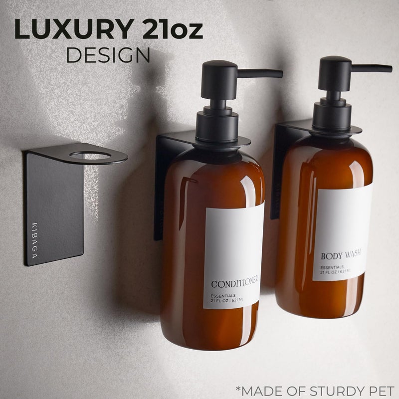 KIBAGA Stylish Shampoo and Conditioner Dispenser Set of 3 for Wall Mount - Modern Drill Free 21oz Shower Soap Bottles with Labels - Easy Refill Body Wash Dispensers for an Instant Bathroom Decor Upgrade - Image 4