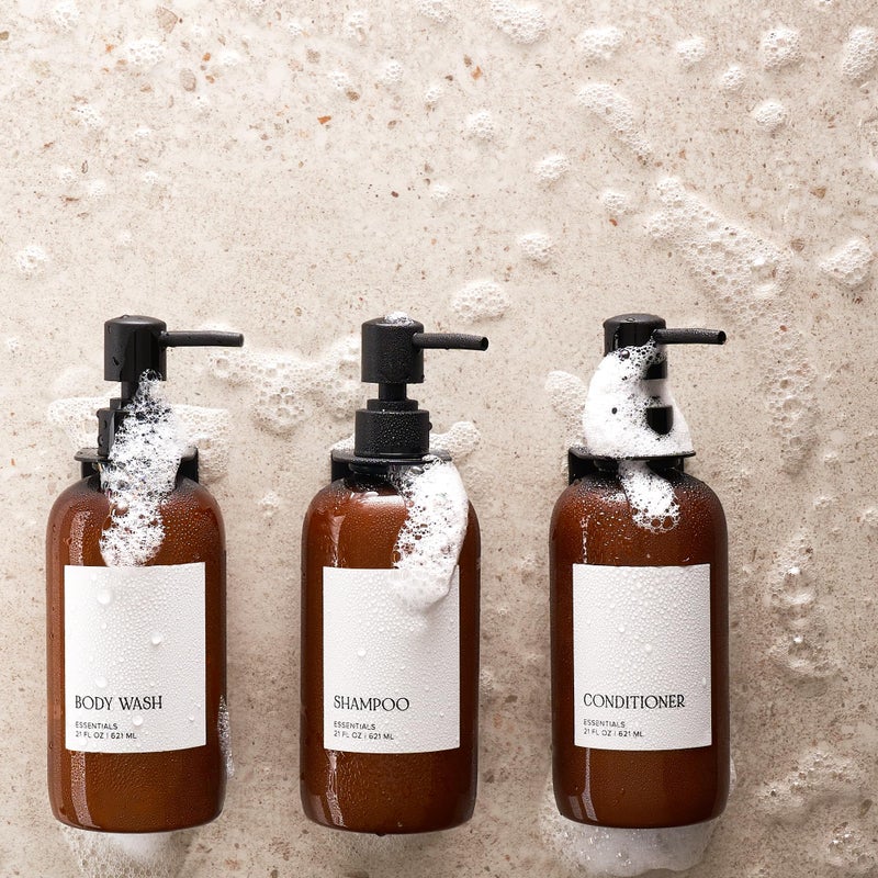 KIBAGA Stylish Shampoo and Conditioner Dispenser Set of 3 for Wall Mount - Modern Drill Free 21oz Shower Soap Bottles with Labels - Easy Refill Body Wash Dispensers for an Instant Bathroom Decor Upgrade - Image 5