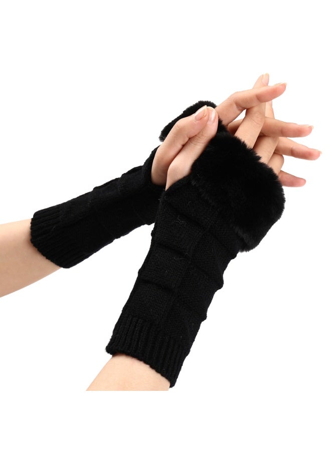  قفازات نسائية بدون أصابع مع فرو صناعي، قفازات شتوية دافئة من نسيج محبوك بنصف أصابع ودافئة للمعصم - Image 1