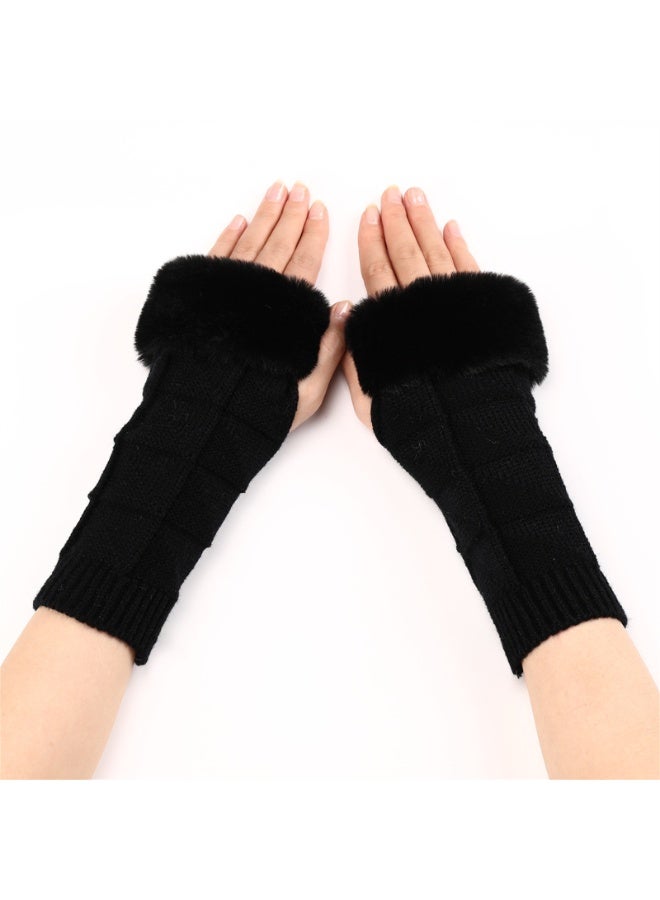 قفازات نسائية بدون أصابع مع فرو صناعي، قفازات شتوية دافئة من نسيج محبوك بنصف أصابع ودافئة للمعصم - Image 2