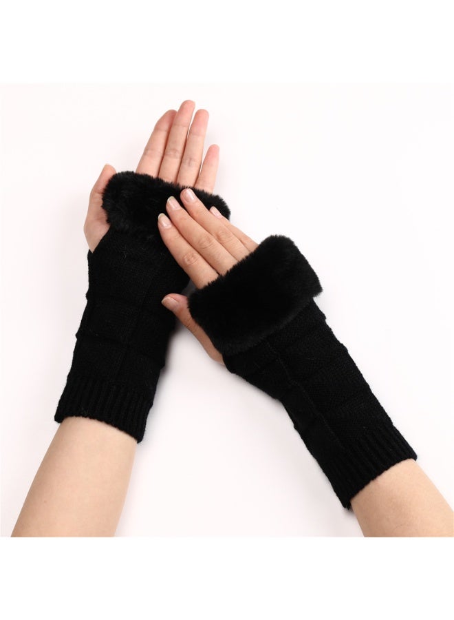  قفازات نسائية بدون أصابع مع فرو صناعي، قفازات شتوية دافئة من نسيج محبوك بنصف أصابع ودافئة للمعصم - Image 3