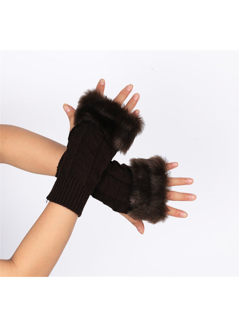 قفازات نسائية بدون أصابع مع فرو صناعي، قفازات شتوية دافئة من نسيج محبوك بنصف أصابع ودافئة للمعصم - Image 5