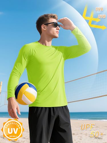 KEFITEVD Rash Guard for Men Long Sleeve Crew Neck T-Shirts UV Protection Active Shirts Lightweight Workout Shirts Hiking Shirt Quick Dry Fluorescent Green - Image 2