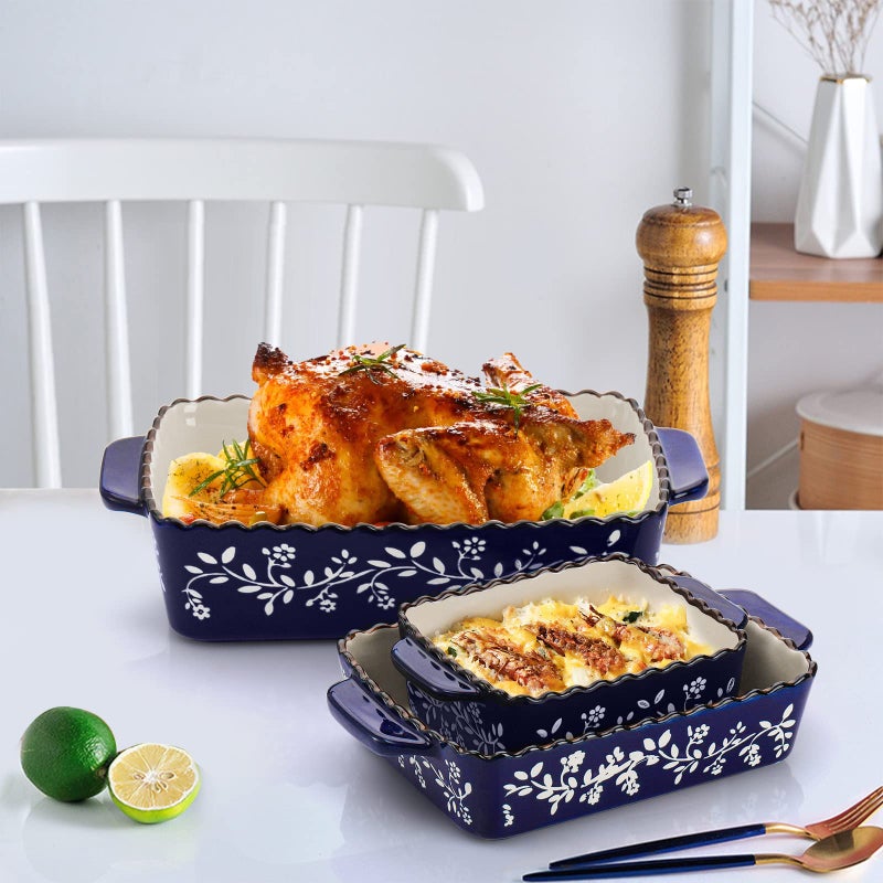 AVLA 3 Pack Ceramic Bakeware Set Porcelain Rectangular Baking Dish Lasagna Pans for Cooking Kitchen Casserole Dishes Cake Dinner 12 x 8.5 x 6 Inches of Baking Pans Banquet and Daily Use Cobalt Blue - Image 4