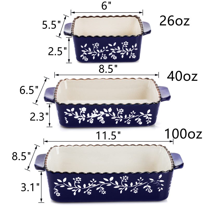 AVLA 3 Pack Ceramic Bakeware Set Porcelain Rectangular Baking Dish Lasagna Pans for Cooking Kitchen Casserole Dishes Cake Dinner 12 x 8.5 x 6 Inches of Baking Pans Banquet and Daily Use Cobalt Blue - Image 2