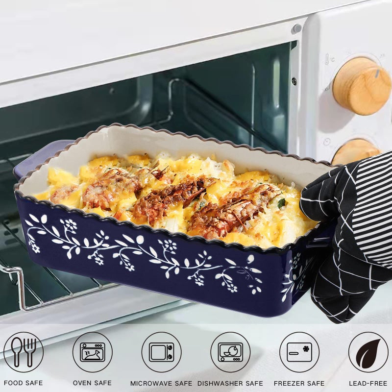 AVLA 3 Pack Ceramic Bakeware Set Porcelain Rectangular Baking Dish Lasagna Pans for Cooking Kitchen Casserole Dishes Cake Dinner 12 x 8.5 x 6 Inches of Baking Pans Banquet and Daily Use Cobalt Blue - Image 3