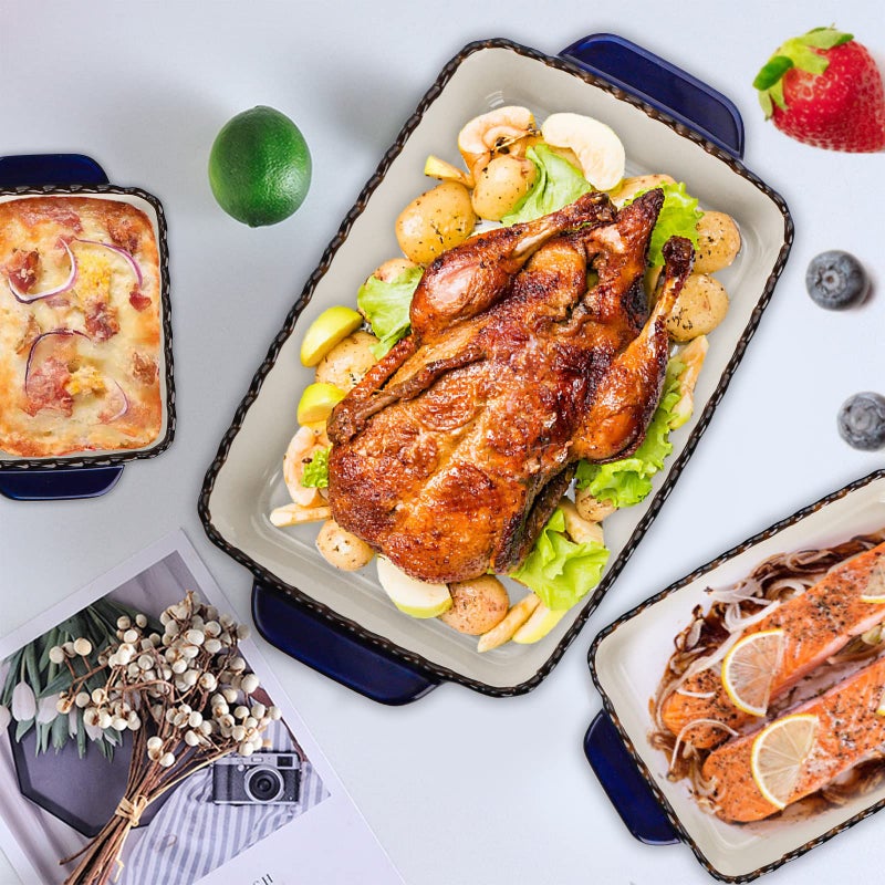AVLA 3 Pack Ceramic Bakeware Set Porcelain Rectangular Baking Dish Lasagna Pans for Cooking Kitchen Casserole Dishes Cake Dinner 12 x 8.5 x 6 Inches of Baking Pans Banquet and Daily Use Cobalt Blue - Image 5