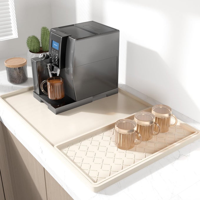 SILICONE COFFEE MAT 16 X 24 WATERPROOF RAISED EDGE COFFEE BAR MATS FOR ESPRESSO MACHINE STATION ACCESSORIES HEAT RESISTANT DETACHABLE DISH DRYING PAD FOR KITCHEN COUNTER DISH RACK BEIGE