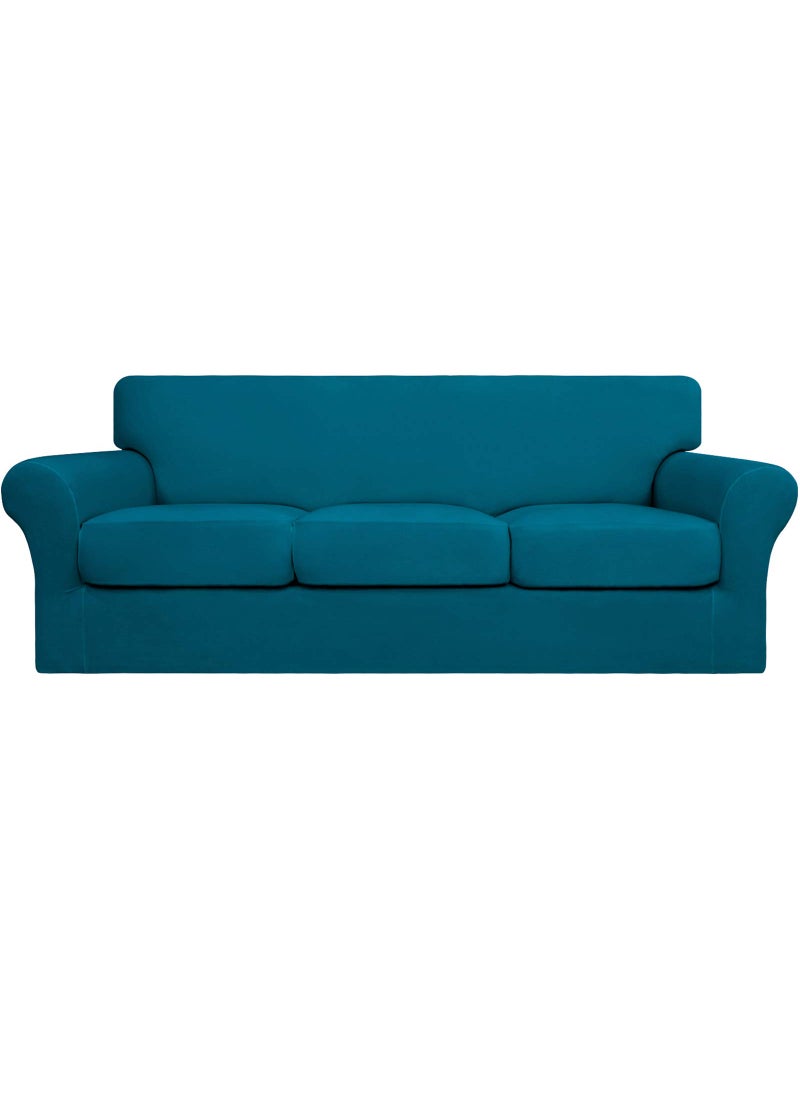 Easy-Going EasyGoing 4 Pieces Stretch Soft Couch Cover for Dogs  Washable Sofa Slipcover for 3 Separate Cushion Couch  Elastic Furniture Protector for Pets Kids Sofa Peacock Blue Large 