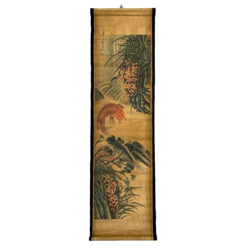 CIFIBIFUN Wall Art Poster Prints Paintings, Hanging Paper Scroll Decor Asia Vintage Aesthetic,for Office Restaurant Orchid Spring Koi Fish(D) - Image 1