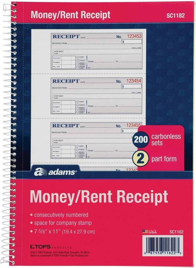 Adams Money and Rent Receipt Book - 2-Part Carbonless, Spiral Bound, 200 Sets, 7-5/8" x 11", White/Canary - Image 1