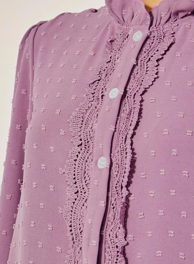 Styli Dobby Button Down Regular Fit Top with Lace Detail