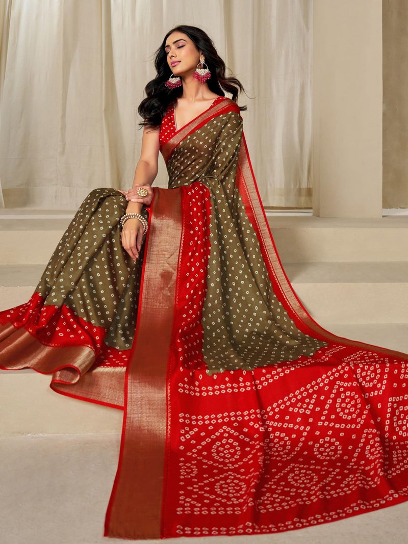EthnicJunction Women's Dola Silk Bandhani Print Zari border Saree with Blouse Piece - Image 2