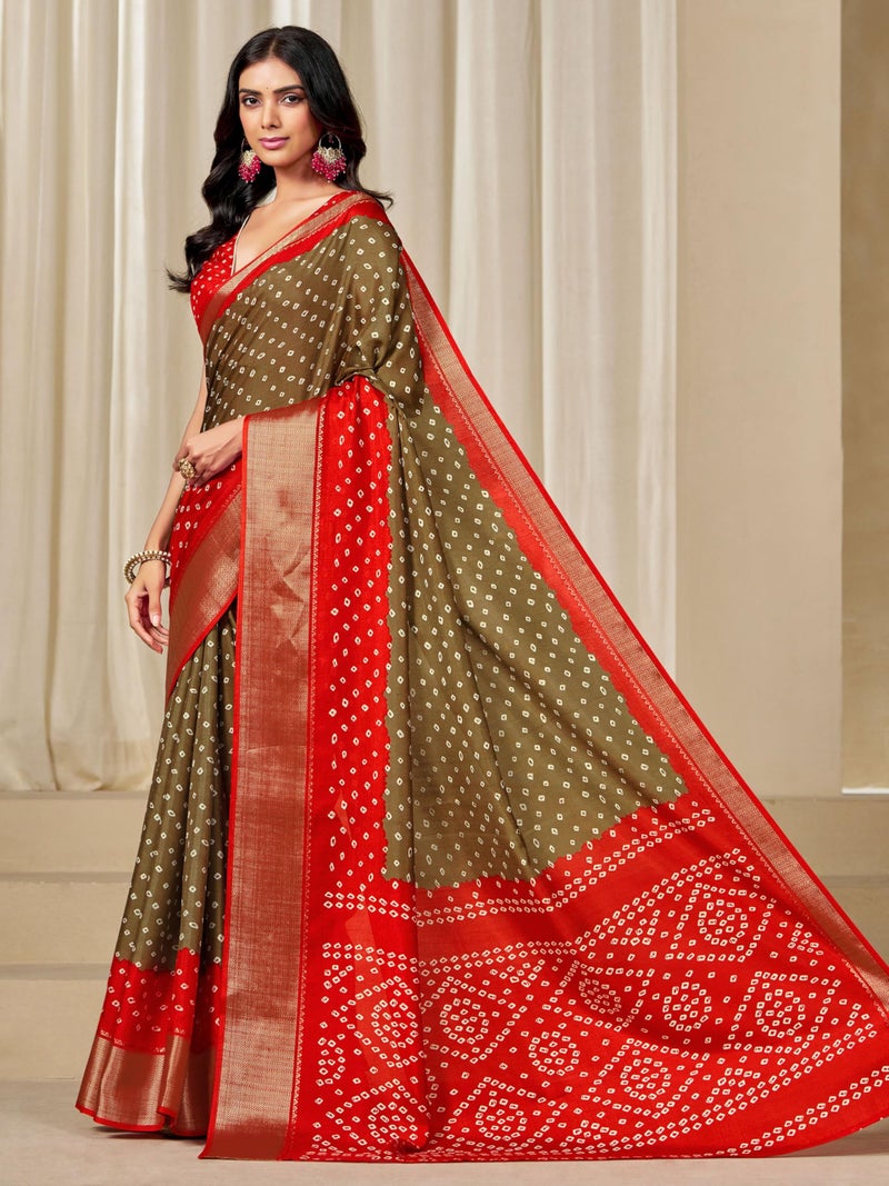 EthnicJunction Women's Dola Silk Bandhani Print Zari border Saree with Blouse Piece - Image 3