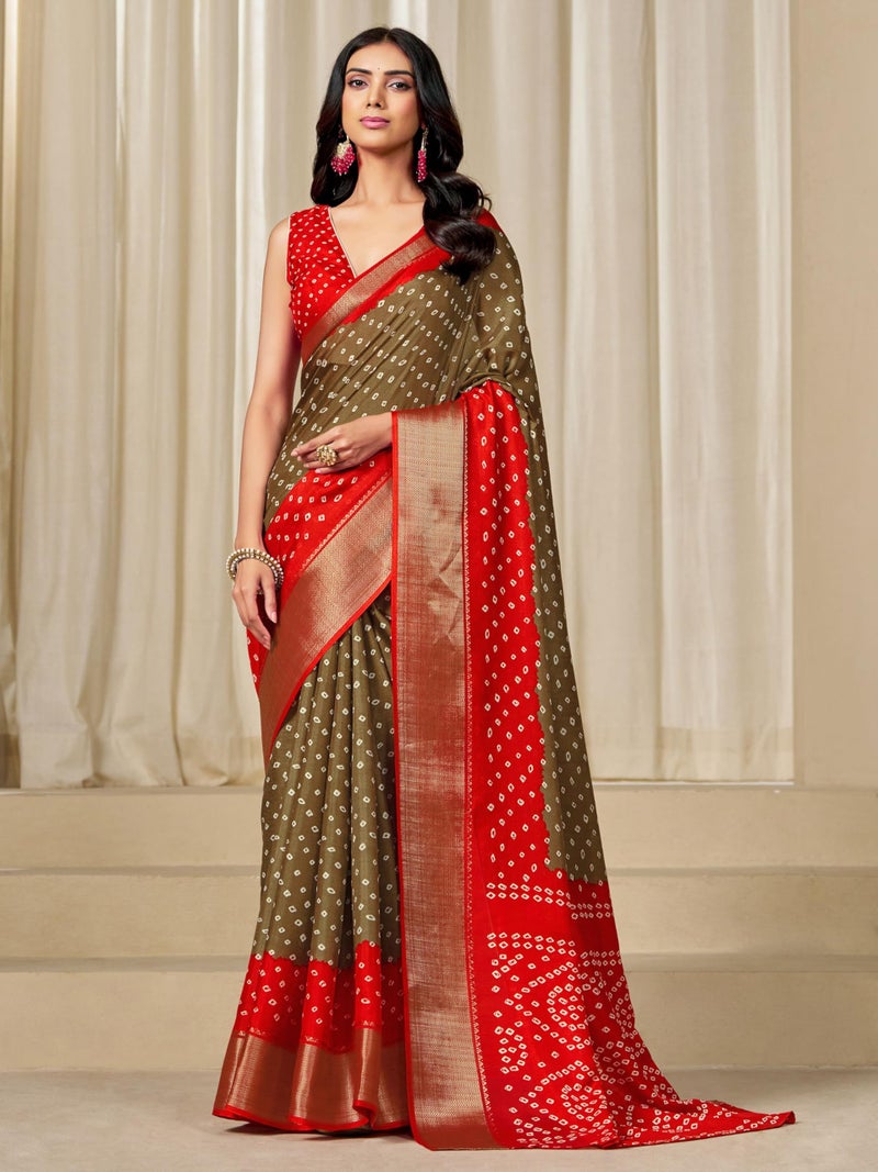 EthnicJunction Women's Dola Silk Bandhani Print Zari border Saree with Blouse Piece - Image 4