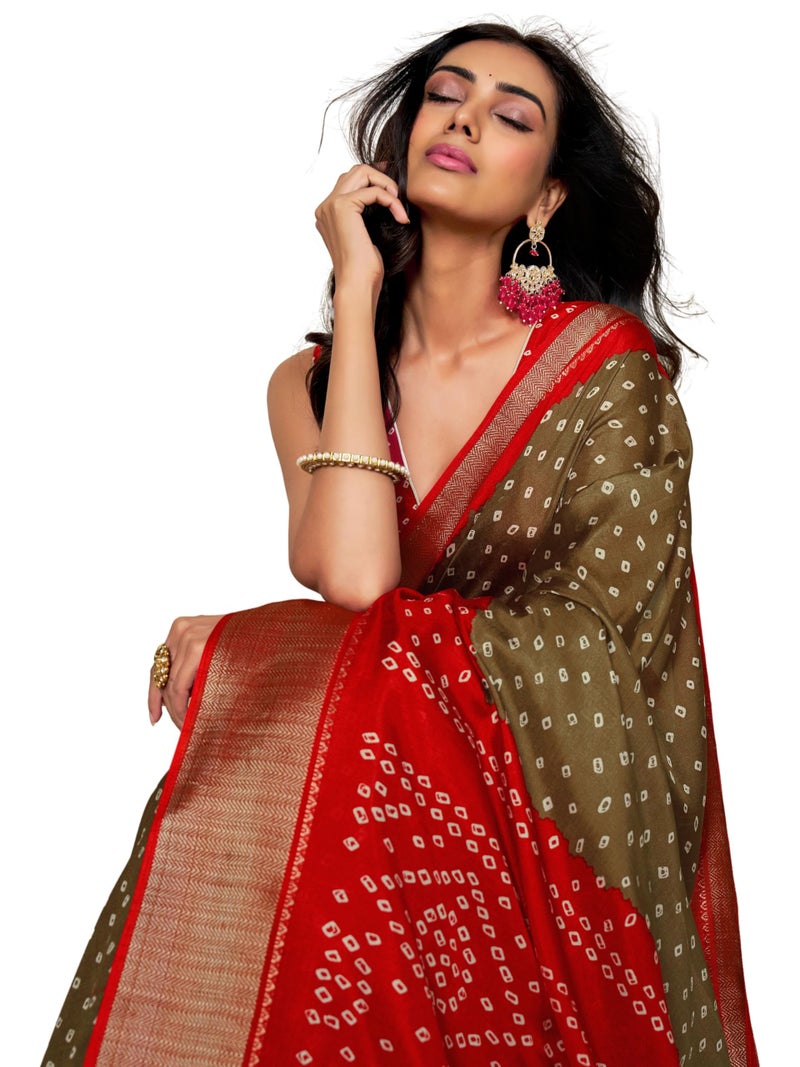 EthnicJunction Women's Dola Silk Bandhani Print Zari border Saree with Blouse Piece - Image 1