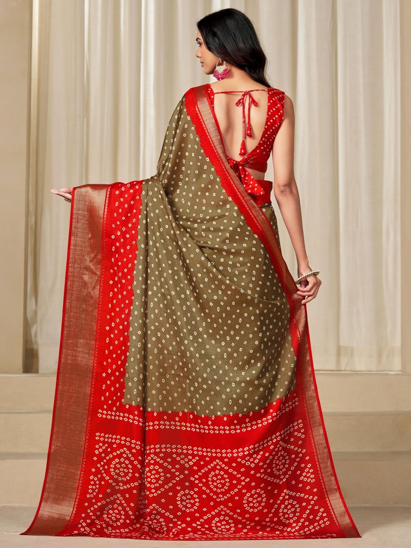 EthnicJunction Women's Dola Silk Bandhani Print Zari border Saree with Blouse Piece - Image 5