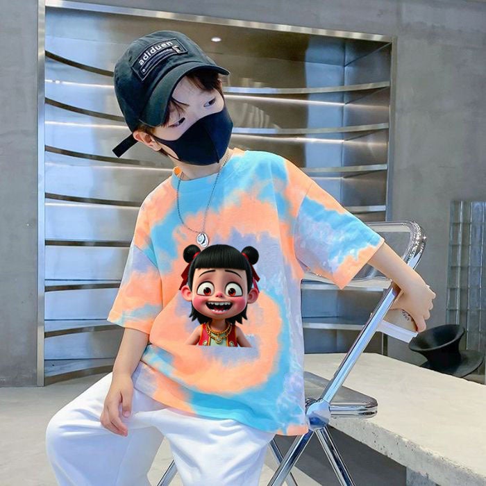 Boys' Short-sleeved Children's 2025 T-shirt Cotton New Half-sleeved Loose Tie-dyed Top for Middle and Big Children for Summer - Image 1
