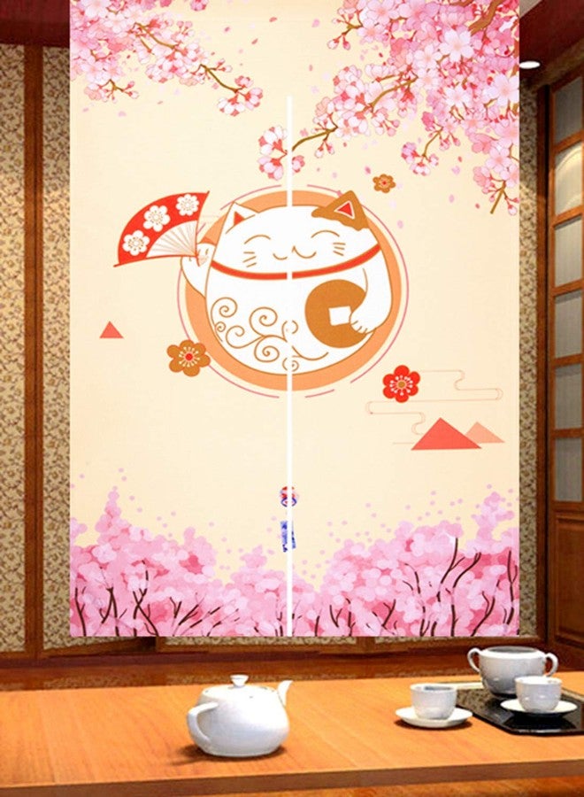 LIGICKY Japanese Style Noren Long Doorway Curtain Fortune Cat & Cherry Blossom Hanging Door Tapestry for Home Decoration, 33.5 x 59 inch - Image 1