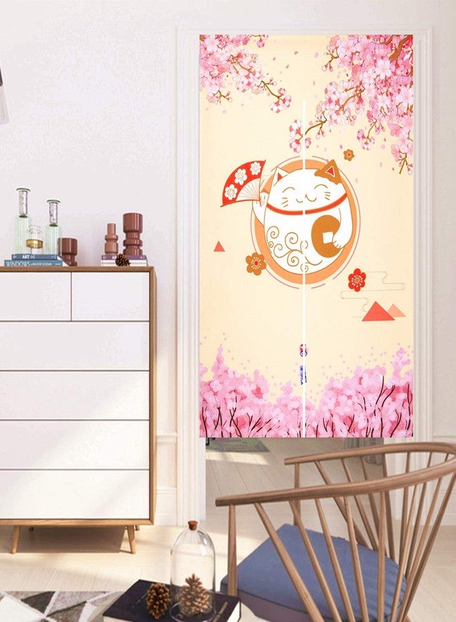 LIGICKY Japanese Style Noren Long Doorway Curtain Fortune Cat & Cherry Blossom Hanging Door Tapestry for Home Decoration, 33.5 x 59 inch - Image 2