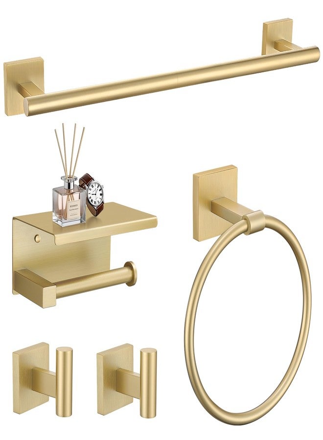 TURS 5-Pieces Brushed Gold Bathroom Hardware Set 23.6 Inch SUS304 Stainless Steel Towel Bar Set Wall Mounted Square Toilet Paper Holder with Shelf - Image 1