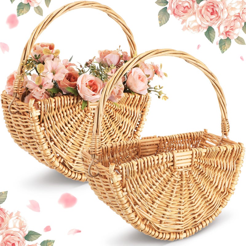 Willinglong 2 Pcs Flower Girl Baskets Half Moon Wicker Rattan Basket with Handle Willow Wedding Baskets for Valentine's Day Wedding Picnic Home Decorations Garden Storage (Light Color) - Image 1