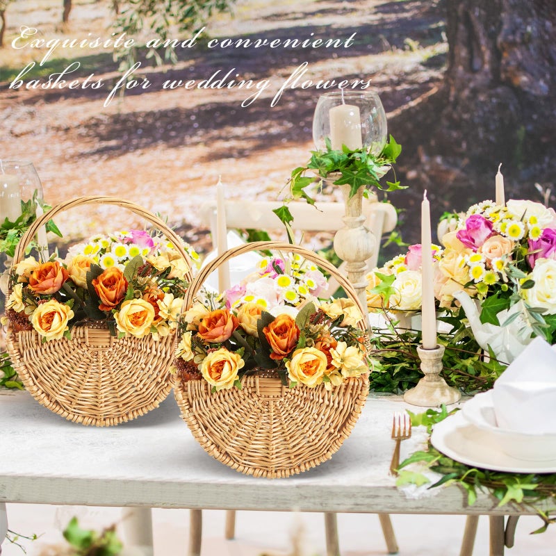 Willinglong 2 Pcs Flower Girl Baskets Half Moon Wicker Rattan Basket with Handle Willow Wedding Baskets for Valentine's Day Wedding Picnic Home Decorations Garden Storage (Light Color) - Image 5