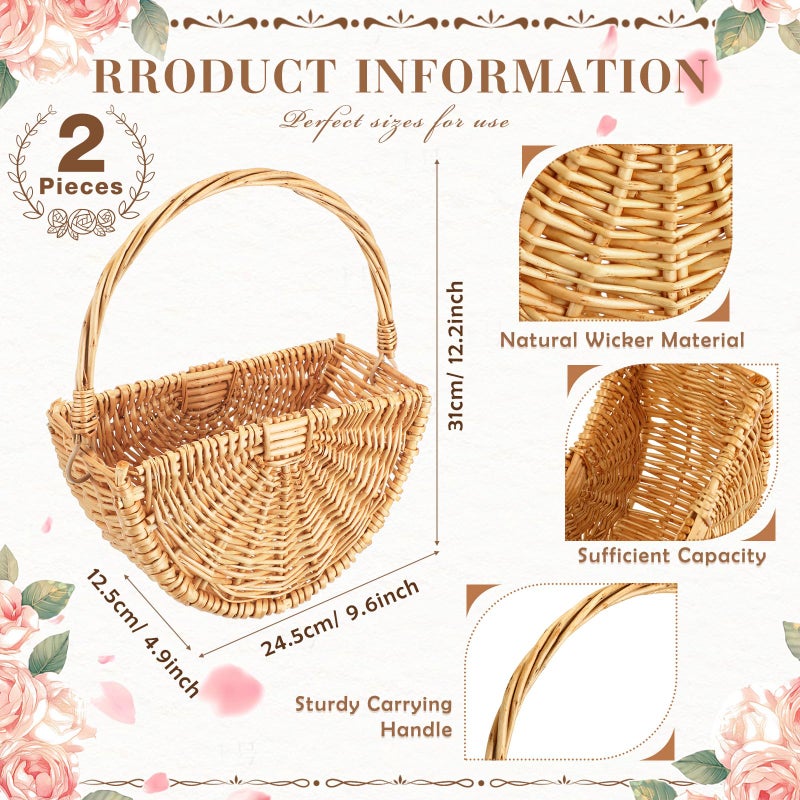 Willinglong 2 Pcs Flower Girl Baskets Half Moon Wicker Rattan Basket with Handle Willow Wedding Baskets for Valentine's Day Wedding Picnic Home Decorations Garden Storage (Light Color) - Image 2