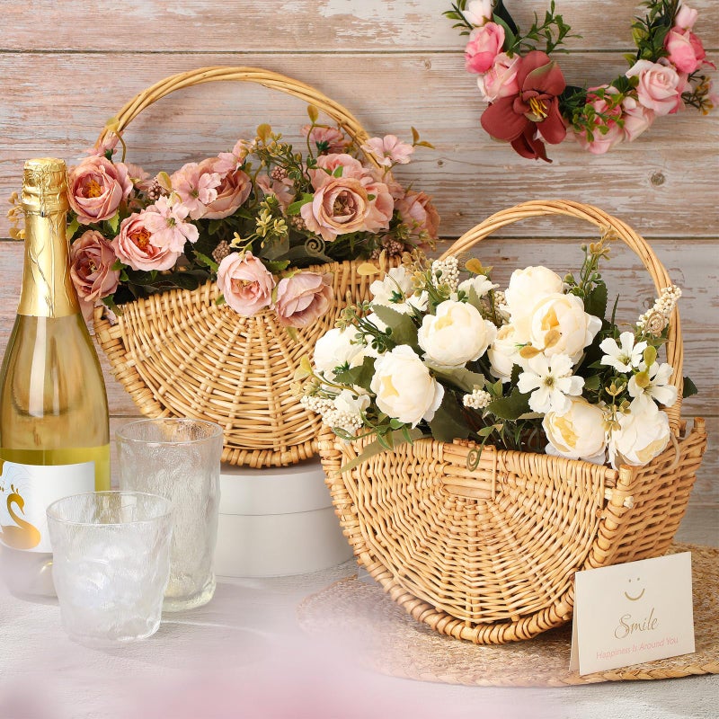 Willinglong 2 Pcs Flower Girl Baskets Half Moon Wicker Rattan Basket with Handle Willow Wedding Baskets for Valentine's Day Wedding Picnic Home Decorations Garden Storage (Light Color) - Image 3