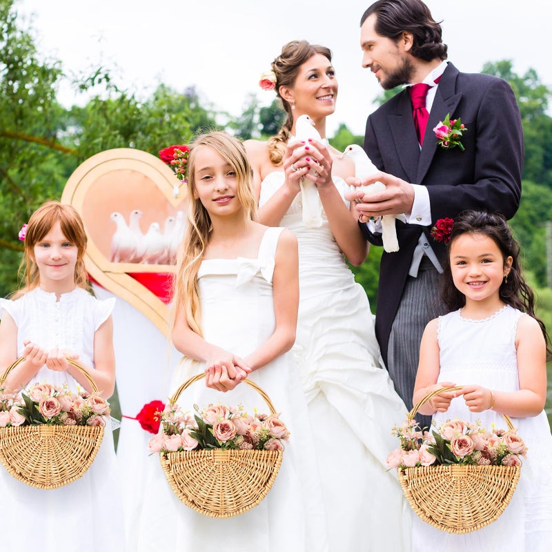 Willinglong 2 Pcs Flower Girl Baskets Half Moon Wicker Rattan Basket with Handle Willow Wedding Baskets for Valentine's Day Wedding Picnic Home Decorations Garden Storage (Light Color) - Image 4