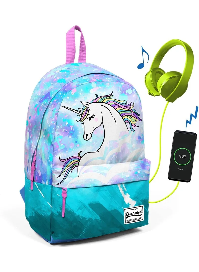 CORAL HIGH Deep Blue Unicorn Backpack with Two Compartments and USB Charging Headphone Output 23429