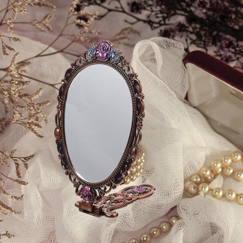 GALPADA Vintage Handheld Makeup Mirror with Foldable Handle, Small Portable Metal Cosmetic Mirror for Travel and Vanity Use, Chic Red Pattern - Image 3