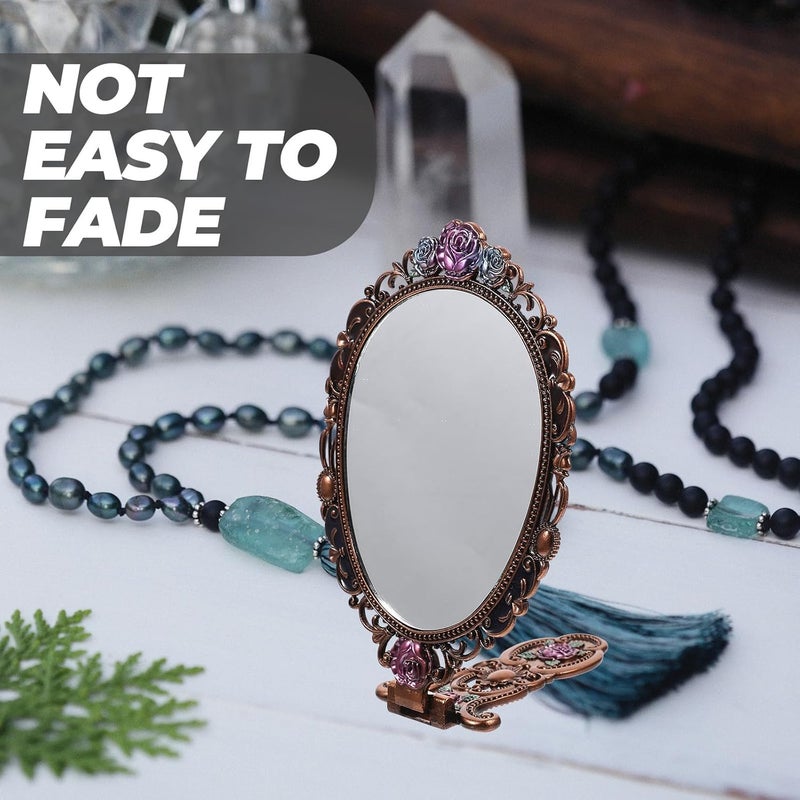 GALPADA Vintage Handheld Makeup Mirror with Foldable Handle, Small Portable Metal Cosmetic Mirror for Travel and Vanity Use, Chic Red Pattern - Image 5
