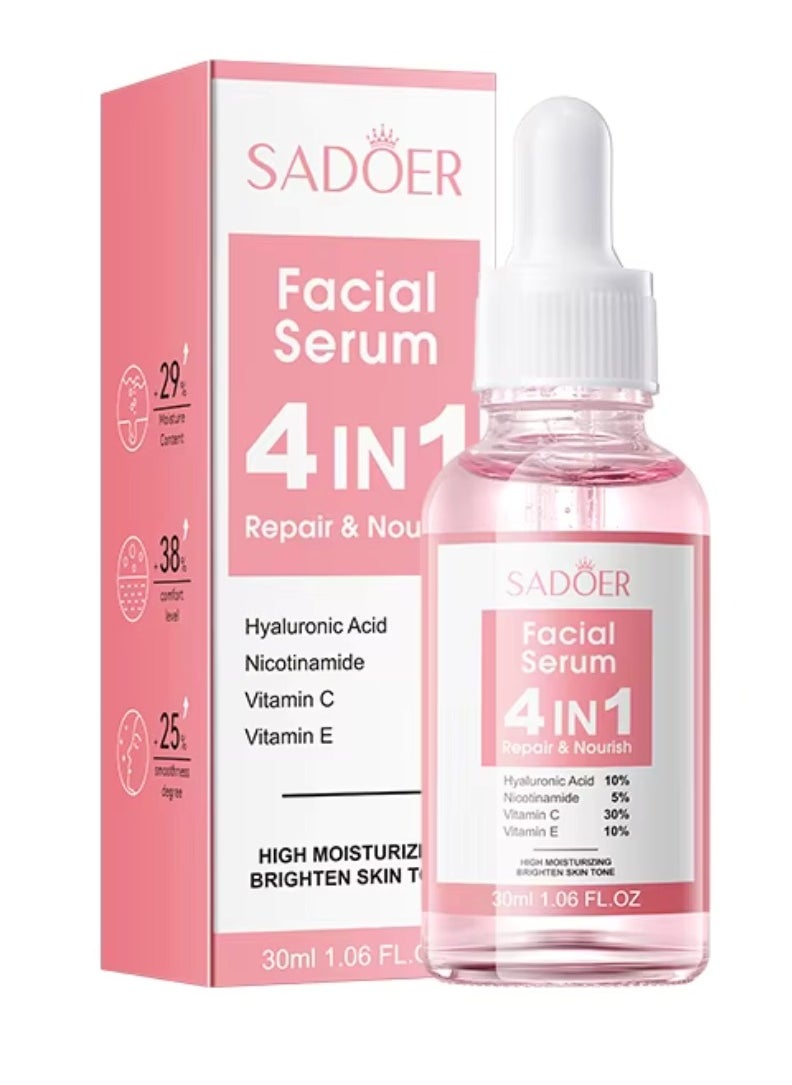 SADOER Facial Serum 4 in 1 Repair Nourish 30ml 4 in 1 Facial Serum with Hyaluronic Acid Vitamin C Nicotinamide Vitamin E for Moisturizing Hydrating Oil Control Anti Aging Anti Wrinkle Brightening Skincare Face Serum  - Image 1