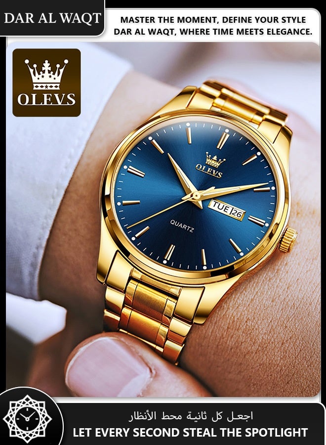 أوليفز ساعة OLEVS رجالية كوارتز – حزام فولاذ ذهبي، قرص أزرق، مقاومة للماء - Image 2