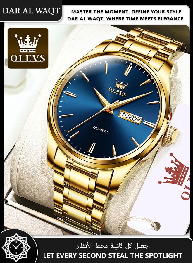 أوليفز ساعة OLEVS رجالية كوارتز – حزام فولاذ ذهبي، قرص أزرق، مقاومة للماء - Image 3