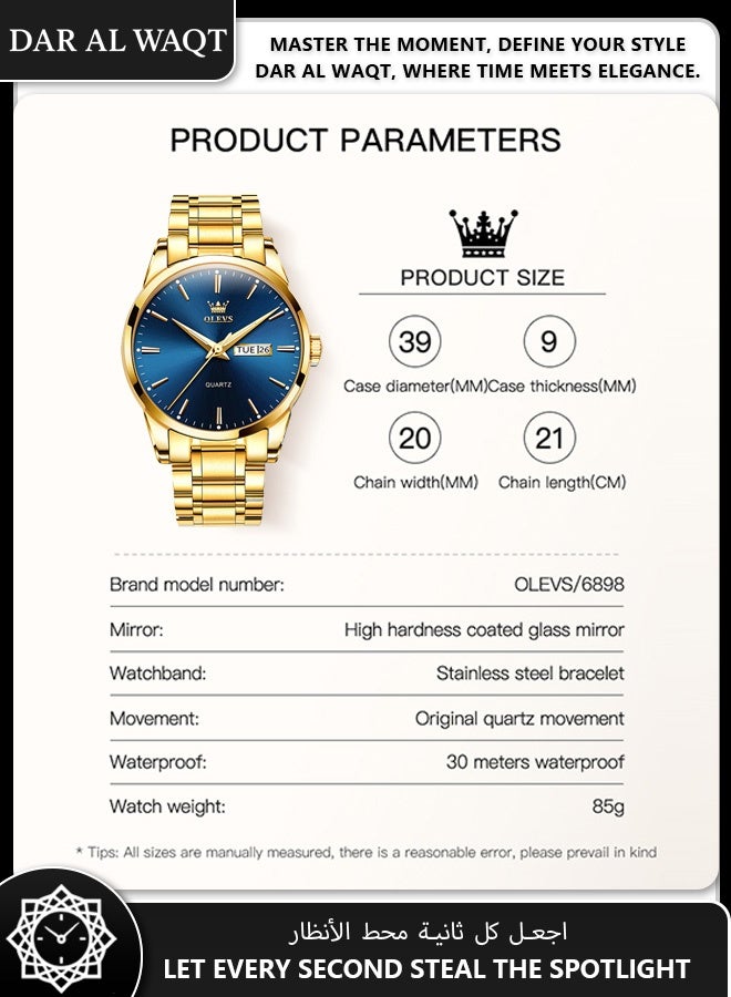 أوليفز ساعة OLEVS رجالية كوارتز – حزام فولاذ ذهبي، قرص أزرق، مقاومة للماء - Image 5