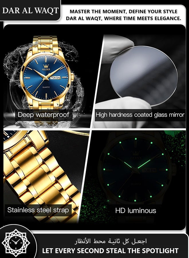 أوليفز ساعة OLEVS رجالية كوارتز – حزام فولاذ ذهبي، قرص أزرق، مقاومة للماء - Image 4