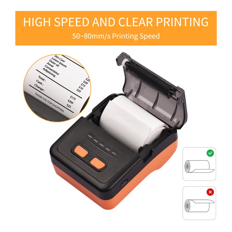 Thermal Receipt Printer: 58mm Paper Width 203dpi Resolution, Ink-Free Thermal Print Head - BT & USB Connectivity, Portable Mobile Printer for Small Business, Restaurant, Retail Shop - Image 2