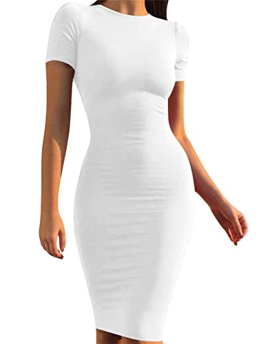 Mokoru Women's Casual Basic Pencil Dress Sexy Long Sleeve Bodycon Midi Club Dress, Large, Short Sleeve White - Image 4