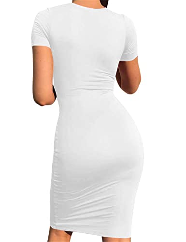 Mokoru Women's Casual Basic Pencil Dress Sexy Long Sleeve Bodycon Midi Club Dress, Large, Short Sleeve White - Image 3