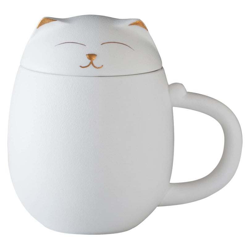 HEER Ceramic Tea Mug with Infuser and LidCute Cat Tea Cup with Filter for Steeping Loose Leaf Chinese Handmade Porcelain Teacup for Home Office White