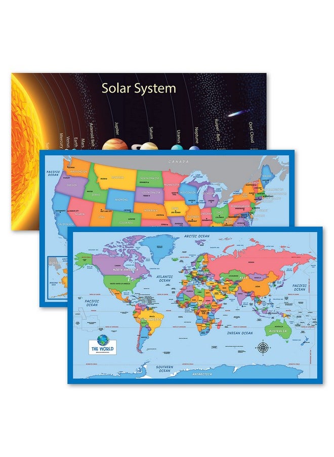 Palace Learning 3 Pack - Solar System Poster for Kids [Long] + Simplified USA & World Map Set [Blank] (LAMINATED, 18" x 29")  - Image 1