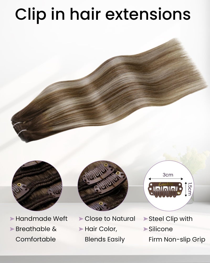 LaaVoo Clip in Hair Extensions Ombre Dark Brown to Light Brown Balayage Blonde Hair Extensions Clip ins Blonde Balayage Clip in Hair Extension Double Weft 18Inch 80g 5Pcs - Image 3