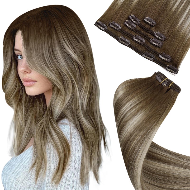 LaaVoo Clip in Hair Extensions Ombre Dark Brown to Light Brown Balayage Blonde Hair Extensions Clip ins Blonde Balayage Clip in Hair Extension Double Weft 18Inch 80g 5Pcs - Image 1