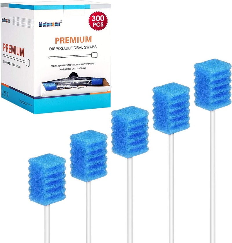 Melonsun 300 Pcs Oral Swabs Disposable - Longer Unflavored & Sterile Dental Sponge Swabs for Mouth Cleaning - Individually Wrapped, Medical Grade, Latex-Free for Oral Care (Blue 300) - Image 1