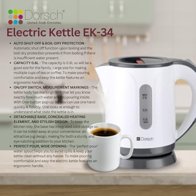 Dorsch Danish Design 08L Electric Kettle  360 Rotating Cordless Base  Fast Heating  Auto Shutoff  Water Level Indicator  Circuit Breaker System For Safety  Operating Light  BpaFree Design Ek 34 - Image 3