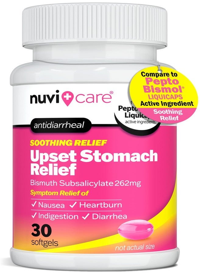 NUVICARE Upset Stomach Relief – Bismuth Antidiarrheal Medication – Acid Reflux Medicine for Nausea, Heartburn & Indigestion Relief – Generic Liquicaps (30 Count - Image 1